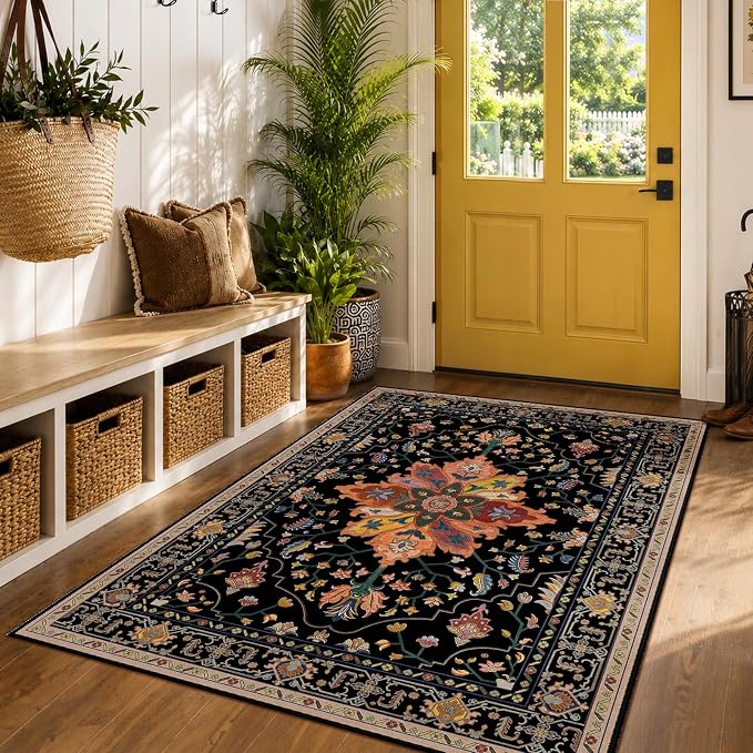 RELEANY Area Rugs 5'x7' Washable Non-Slip, Floral Vintage Distress Medallion Carpet for Living Room Bedroom Dining Room, Black Colorful Floral Dark Tan