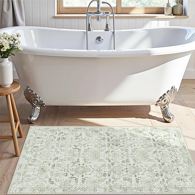 Sage Green 2x4 Runner Rug for Hallways Bed Side Kitchen, Boho Washable Distressed Low-Pile Floor Entryway Long Bathroom Mat, Non-Slip Laundry Room Washstand Front Carpet Green 24x48 Inch