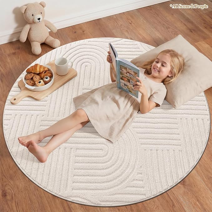 SHACOS Soft Cozy Fluffy Arch High Low Pile Round Rug 4ft Non Slip Washable Scandi Minimalist Circle Area Rug Modern Geometric Carpet for Living Room Bedroom Bathroom Kitchen, Beige