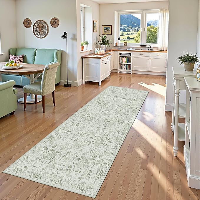 Sage 3x10 Runner Rug for Hallways Bed Side Kitchen, Boho Washable Distressed Low-Pile Floor Entryway Long Bathroom Mat, Non-Slip Laundry Room Washstand Front Carpet Green 36x84 Inch