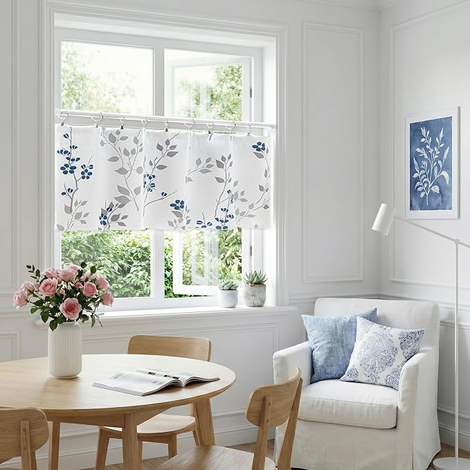 Beauoop Floral Valance Curtains for Kitchen Blue Grey 52X18 Inch 1 Panel | Flower Patterned Blue White Blackout Short Curtains for Living Room Bedroom Cafe Thermal Small Window Curtains Rod Pocket