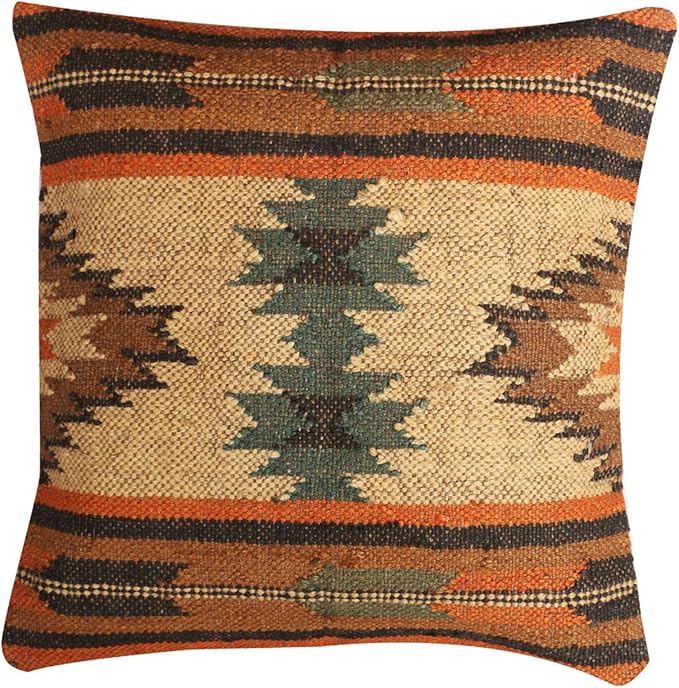 Set of 4 Geometric Wool Jute Square Throw Pillow Covers -Decorative 18 x 18 Inches Multicolour Cushion Covers Perfect for Sofa/Couch/Bed/Home/Outdoor/Car (Multicolour - 12)