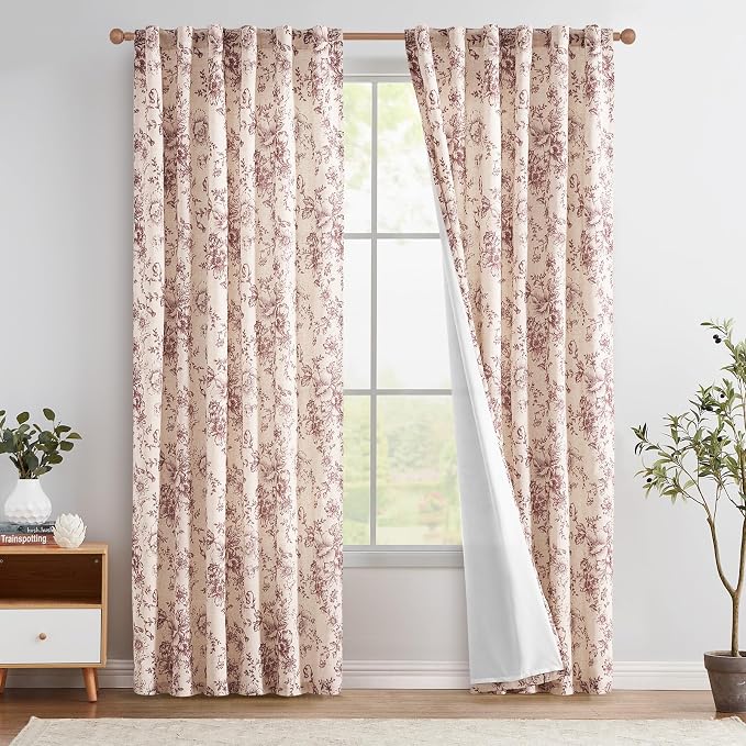 jinchan Red Floral Linen Curtains Lined 90 Inch Farmhouse Back Tab 2 Panels | Privacy lining, light filtering drapes, vintage, cottagecore, french country, rustic, bedroom, living room, window treatment