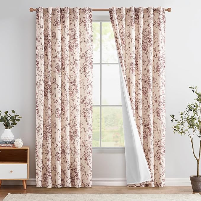 jinchan Red Floral Linen Curtains Lined 84 Inch Farmhouse Back Tab 2 Panels | Privacy lining, light filtering drapes, vintage, cottagecore, french country, rustic, bedroom, living room, window treatment