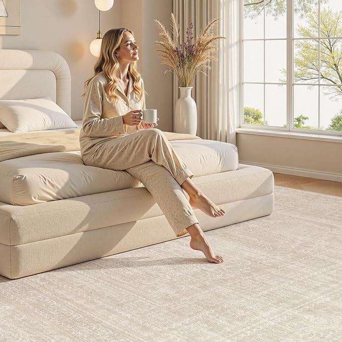 Nakagishi 6x9 Area Rugs Living Room: Washable Large Vintage Rug Neutral Non-Slip Soft Stain Resistant Indoor Carpet for Bedroom Nursery Dining Room Office Playroom - Beige