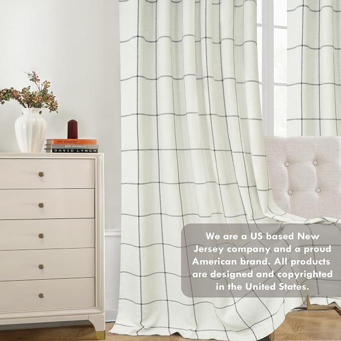 DriftAway 100% Blackout Windowpane Plaid Linen Curtains 45 Inches Black | Double Layer Farmhouse Drapes for Living Room Bedroom Yarn Dyed Woven Thermal Insulated Rod Pocket Back Tab 2 Panels