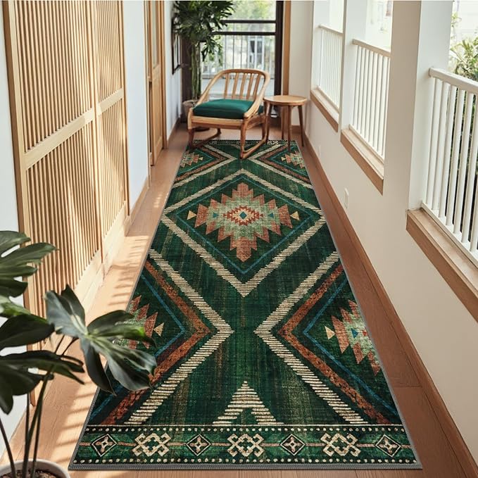 Boho 2.6x8ft Runner Rugs for Hallway Kitchen Non Slip, Long Green Geometric Washable Entryway Rug Runners Low Pile, Soft Vintage Indoor Floor Carpet for Doorway Bedroom Farmhouse Home Decor