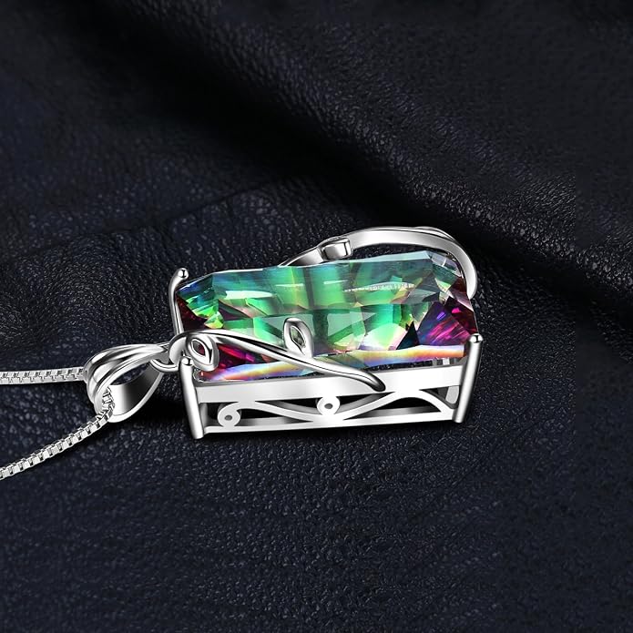 JewelryPalace Multicolor Luxurious 15.2ct Rectangle Genuine Mystic Quartz Pendant Necklaces for Women, 14K White Yellow Rose Plated Gold 925 Sterling Silver Natural Gemstones, 18 Inches Chain
