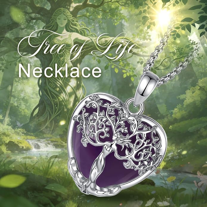 AEONSLOVE Tree of Life Necklace with Crystal for Women, Amethyst/Obsidian/Turquoise/Moonstone/Malachite Crystal Pendant Necklaces for Ladies