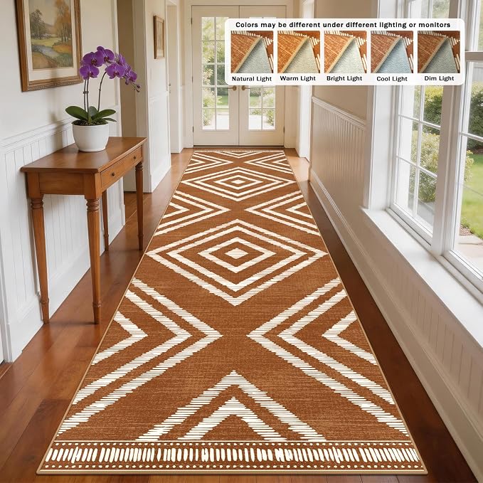 3x16ft Boho Hallway Runner Rugs Washable Non Slip, Long Brown Entryway Rug Runners Non Shedding, Geometric Kitchen Floor Carpets for Doorway Entrance Farmhouse Living Room Home Decor