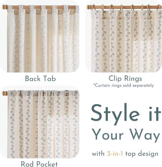 Lazzzy Cathy Linen Floral Curtains for Living Room Privacy Curtains 96 inch Length Set of 2 for Bedroom Rod Pocket Back Tab Light Filtering Drapes Farmhouse Cottage Core Decor 50"x96" Blue on Linen
