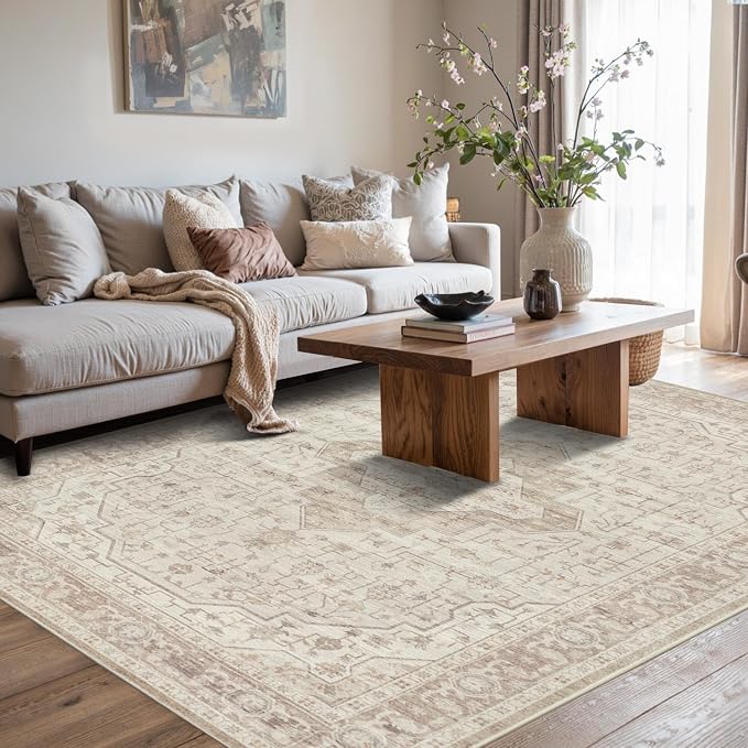 Rugxara 5X7 Washable Area Rug for Living Room, Vintage Neutral Large Boho Rugs for Office, Dining Room, Kids Room, Farmhouse, Durable Low Pile Non Slip Carpet for High Traffic Areas, Light, Cream