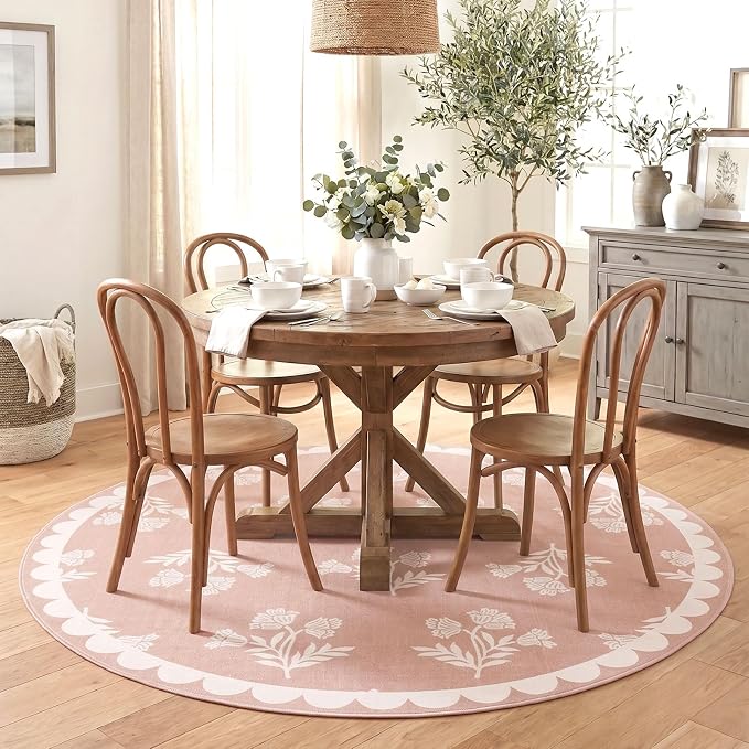 Pink Round Rugs 6ft - Soft Washable Boho Floral Bedroom Circle Rug Stain Resisantt Scalloped Dining Room Rugs for Under Round Table Vintage Area Rug for Living Room Nursery Kids Room