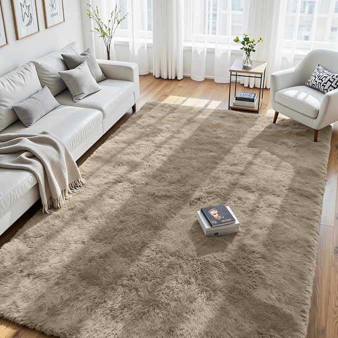 8x10 Area Rug for Living Room, Ultra Soft Fluffy Grey Camel Rugs for Bedroom, Non Slip Large Shag Carpet, Fuzzy Plush Nursery Rug, Thick Washable Indoor Floor Carpets for Kids Office Dorm Home Decor