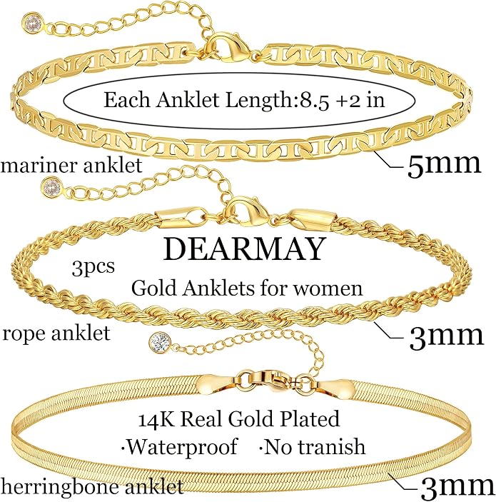 DEARMAY Gold Anklets for Women Waterproof, Non Tarnish14K Gold Plated Ankle Bracelets Set Stack, Summer Beach Jewelry Gifts for Vacation, Bikini Outfits for Women Mom Her