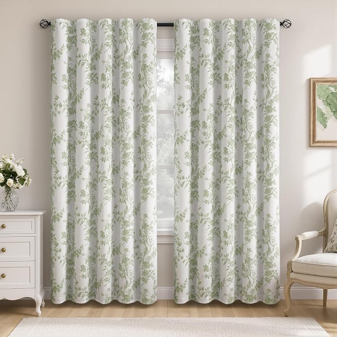Sage Green Floral 100% Blackout Curtains for Bedroom 84 Inch Length 2 Panels Set, Farmhouse Curtains for Living Room