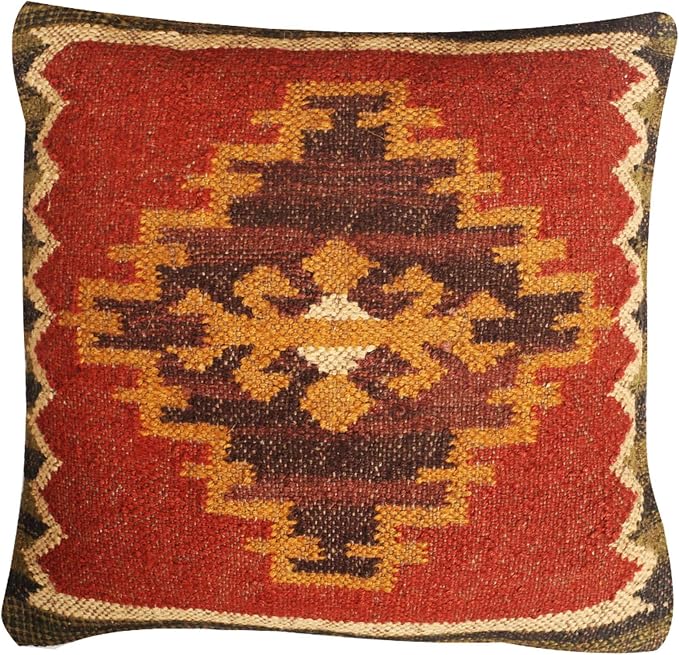 Set of 4 Geometric Wool Jute Square Throw Pillow Covers -Decorative 18 x 18 Inches Multicolour Cushion Covers Perfect for Sofa/Couch/Bed/Home/Outdoor/Car (Multicolour - 04)