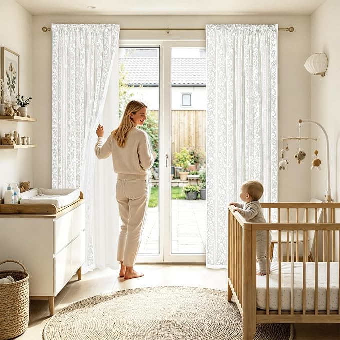 ASPMIZ Linen Curtains for Living Room Double Layer Curtains with Linen Lace, White Curtain for Bedroom Light Filtering, Rod Pocket Drapes 63 Inch Length 2 Panels Set with 2 Tiebacks, 52x63