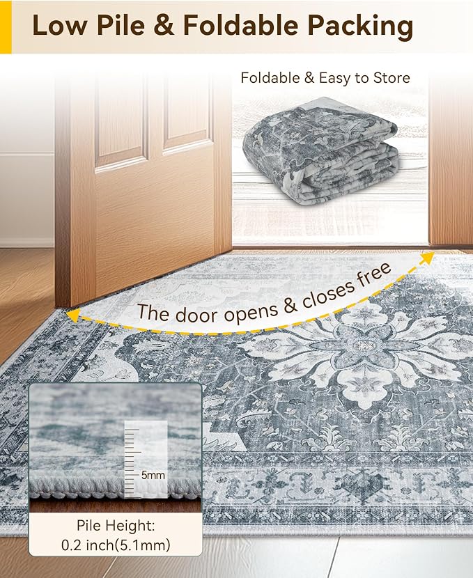 RELEANY Area Rugs Small 2'x4' Washable Non-Slip, Floral Vintage Distress Medallion Carpet for Kitchen Entryway Bathroom, Light Gray Grey White
