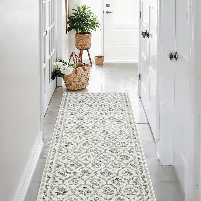TWODRAPES Blue Runner Rug Hallway 2x6 Washable Green Area Rug, Non Slip Bathroom Hallways Long Runner 2x6 Kitchen Floor Mat Laundry Room Flower, Blue Floral Modern Boho Design