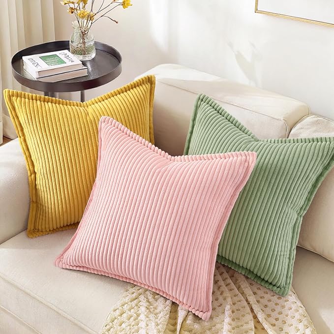 decorUhome Fall Corduroy Pink Throw Pillow Covers 24x24 Set of 2 | Euro Sham Couch Decorative Soft Modern Boho Farmhouse Pillow Covers Broadside Striped Pillow Cases for Living Room Bed Sofa