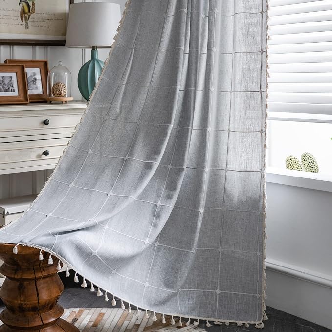 ColorBird Farmhouse Semi-Blackout Window Curtains 2 Panels Embroidery Lattice Cotton Linen Darkening Curtains with Tassel Rod Pocket Window Drapes for Dining Living Bedroom (52" W x 63" L, Grey)