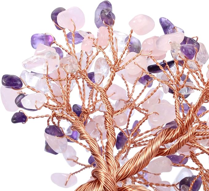 Jovivi Natural Amethyst + Clear Quartz + Rose Quartz Healing Crystal Money Tree on Amethyst Cluster Geode Druzy Base Feng Shui Crystals for Home Office Desk Decorations, Wealth, Good Luck