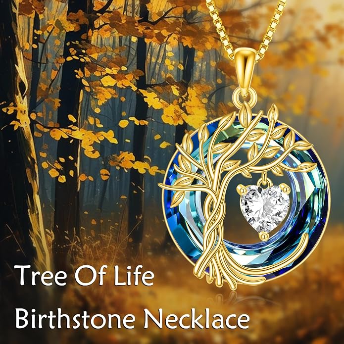 POPLYKE Mothers Day Gifts for Mom Her Wife Tree of Life Necklace 925 Sterling Silver Birthstone Pendant with Crystal Anniversary Birthday Wedding Jewelry for Women
