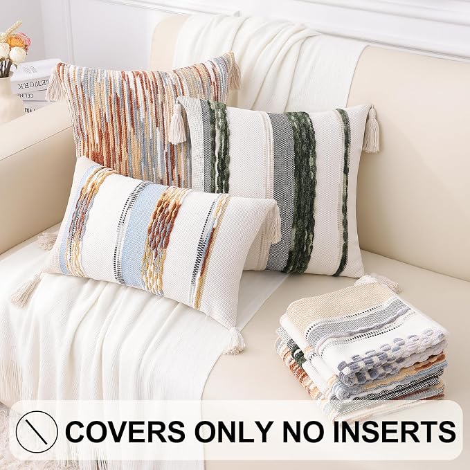 Simmore Fall Boho Decorative Rust Throw Pillow Covers 12X20 Set of 2 | Tufted Accent Modern Farmhouse Neutral Pillow Covers with Tassels for Cozy Bohemian Couch Sofa Bedroom Home Decor