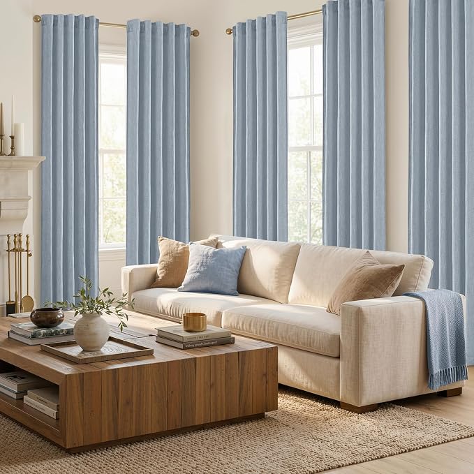MIULEE Thick Linen Curtains 96 Inches Long Light Blue Semi Sheer for Farmhouse/Living Room/Bedroom, Linen Textured Light Filtering Window Privacy Drapes with Back Tab Rod Pocket, 42Wx96L, Set of 2