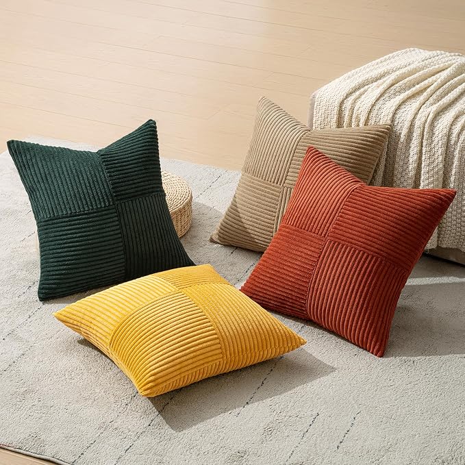 MIULEE Fall Green Rust Throw Pillow Covers 20x20 Inch Set of 4 Boho Farmhouse Soft Corduroy Striped Cushion Cases Decorative Color-Clash Home Decor for Couch Sofa Living Room Bed