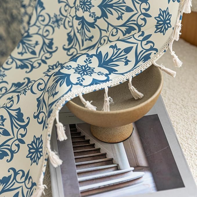 Blue Floral Curtains 63 Inches Long, Boho Farmhouse Light Filtering Rod Pocket Drapes with Tassel Trim for Bedroom Living Room, 2 Panels