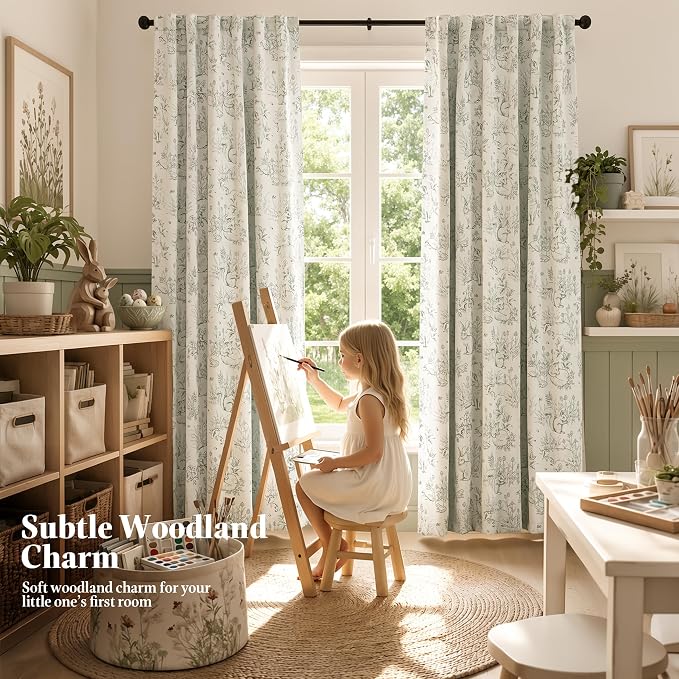 jinchan Green Floral Blackout Curtains Farmhouse 96 Inch Grommet 2 Panels | Room darkening,nursery kids bedroom,privacy,whimsical,cottagecore,bunny pattern,botanical,nature-inspired decor