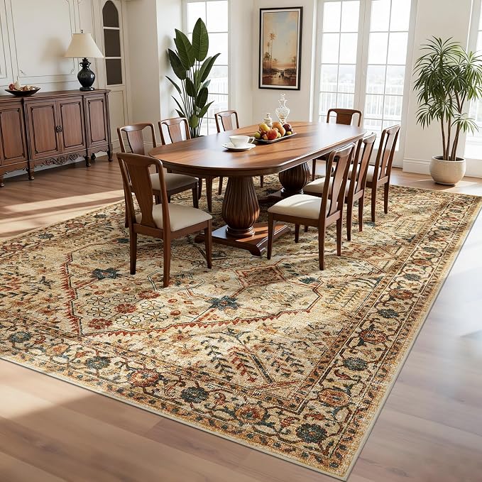 Joydeco 9x12 Area Rugs for Living Room, Non Slip Machine Washable Vintage Rug, Low Pile Chenille Print Rugs for Bedroom, Dining Room, Home Office, Pet & Child Friendly, Tan