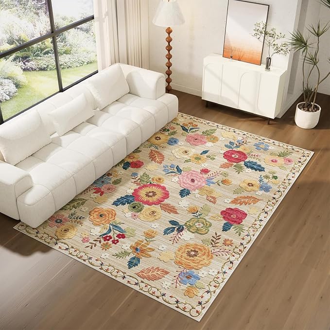 8x10 Area Rugs for Living Room: Washable Rug Non Slip Low Pile Soft Faux Wool Non Shedding Distressed Vintage Floral Large Area Rugs for Bedroom Dining Room Nursery Under Table Farmhouse Home Office