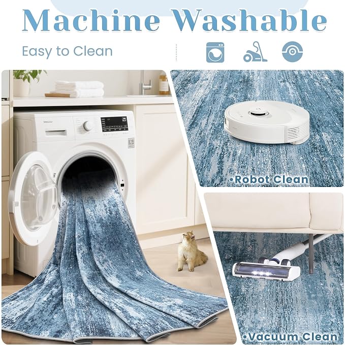 Washable Rug 6x9 Area Rugs for Living Room: Neutral Soft Rug Abstract Non Slip Low Pile Modern Carpet for Bedroom Kitchen Nursery Office Dining Room Indoor (Darkblue, 6'x9')