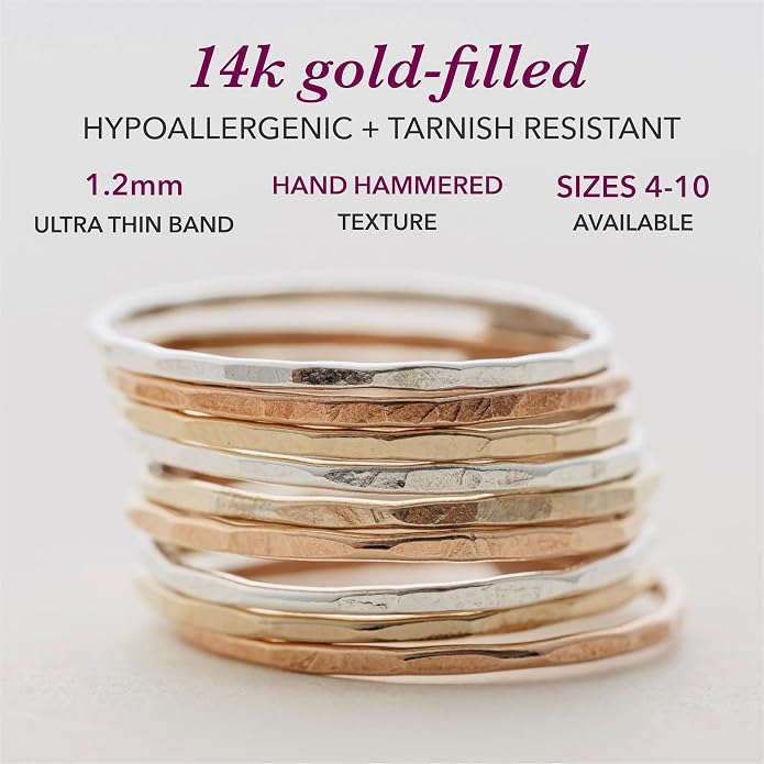 Hammered Stacking Ring for Women, Dainty 1.2mm Minimalist Band, Sterling Silver, 14k Gold Filled or Rose Gold Filled, Thin Stackable Ring, Everyday Jewelry Gift