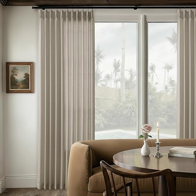Burlywood Birch Pleated Sheer Curtains 108 Inches Long 72 Inch Wide | Taupe, Memory Shape, Pinch Pleat, Linen Textured Curtains, Extra Long, Light Filtering, Windows Curtain, for Living Room