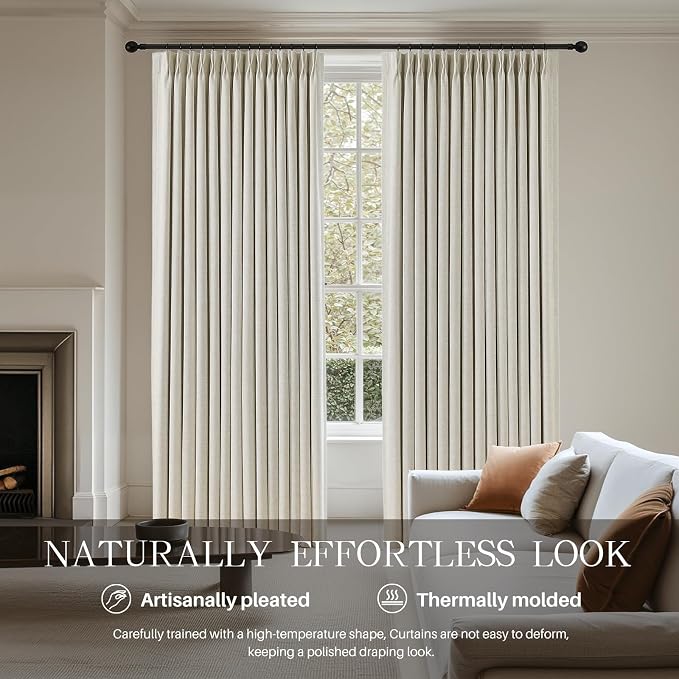 Pinch Pleated Curtains 100% Blackout Linen Curtains 102 Inches Long for Bedroom Living Room, Natural Memory Trained Thermal Insulated Room Darkening Window Pleat Drapes with Hooks 2 Panels 40"Wx102"L