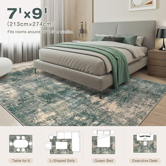 Abstract 7x9 Area Rug: Machine Washable Non Slip Ultra Thin Low-Pile Carpet, Soft Stain Resistant for Living Room Bedroom Nursery, Kid Pet Friendly, Robot Vacuum Compatible - Dark Green/Beige