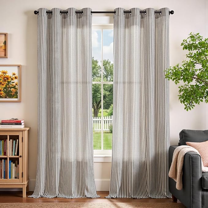 Vangao Linen Stripe Black Curtains Tickingstripe Light Filtering Window Curtains Pinstripe Printed on Beige Drapes 96 Inches Long for Living Room Bedroom Dorm 2 Panels