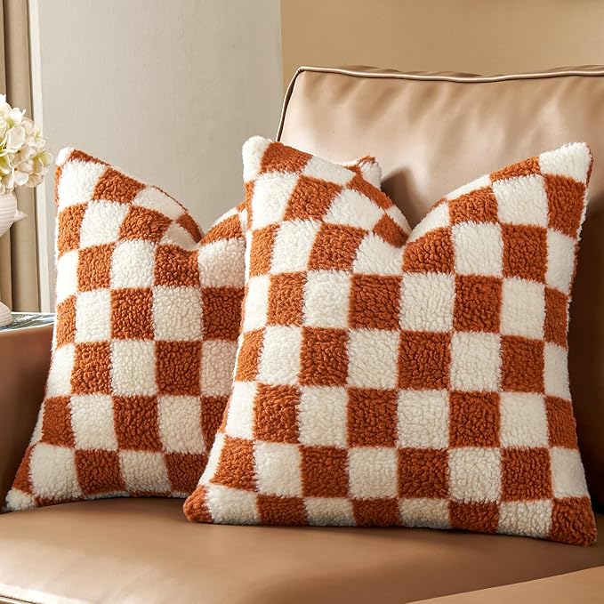 AmHoo Pack of 2 Decorative Throw Pillow Covers Checkerboard Luxury Super Soft Faux Fur Wool Set Case Cushion for Couch Sofa Bedroom 20 x 20-Inch Burnt Orange