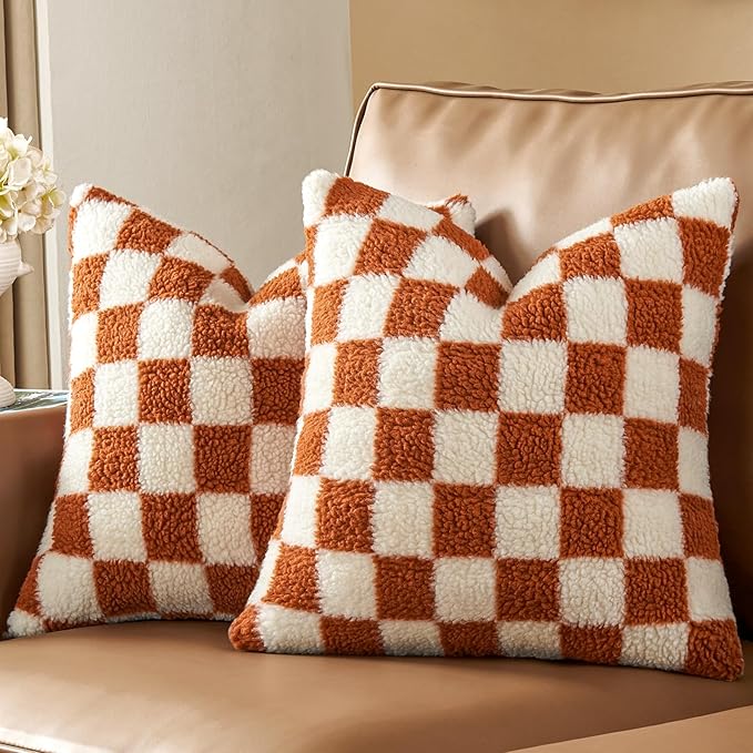 AmHoo Pack of 2 Decorative Throw Pillow Covers Checkerboard Luxury Super Soft Faux Fur Wool Set Case Cushion for Couch Sofa Bedroom 16 x 16-Inch Burnt Orange