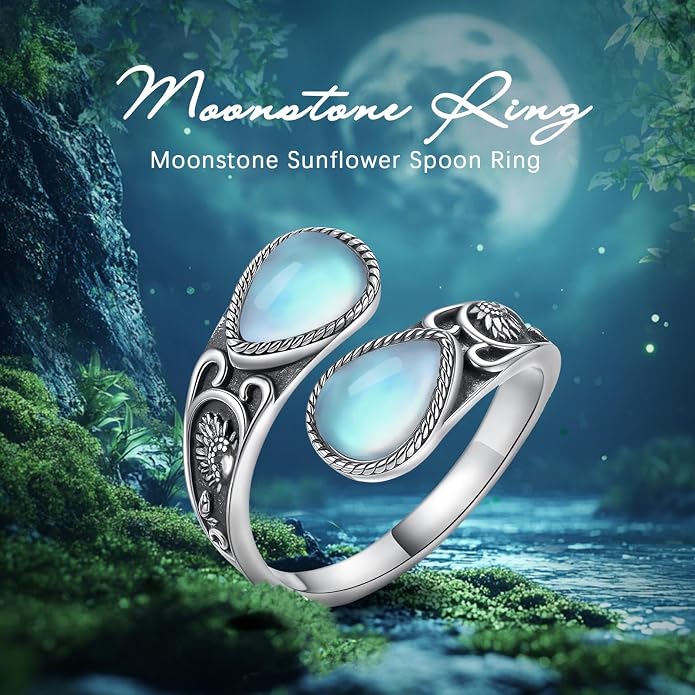 Vito 925 Sterling Silver Adjustable Open Spoon Ring for Women Men, Lotus Sunflower Snake Spoon Band Rings Feather Hug Witches Knot Inspirational Jewelry Gift for Wife