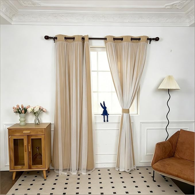INLINAS Gold Blackout Curtains with Sheer Overlay - Grommet Top Thermal and Noise Reduction Panels for Bedroom and Living Room Light Blocking and Energy Saving, 37 x 72 Inches, Set of 2