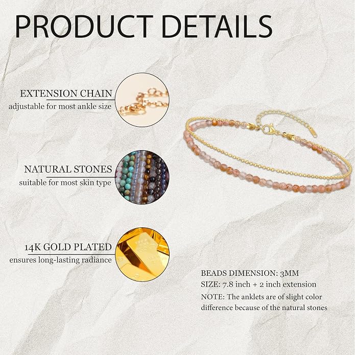 Ankle Bracelet for Women, Dainty 18k Gold Natural Stone Beaded Anklet Adjustable Double Ankle Chain Waterproof Summer Boho Foot Jewelry Birthday Anniversary Graduation Gifts