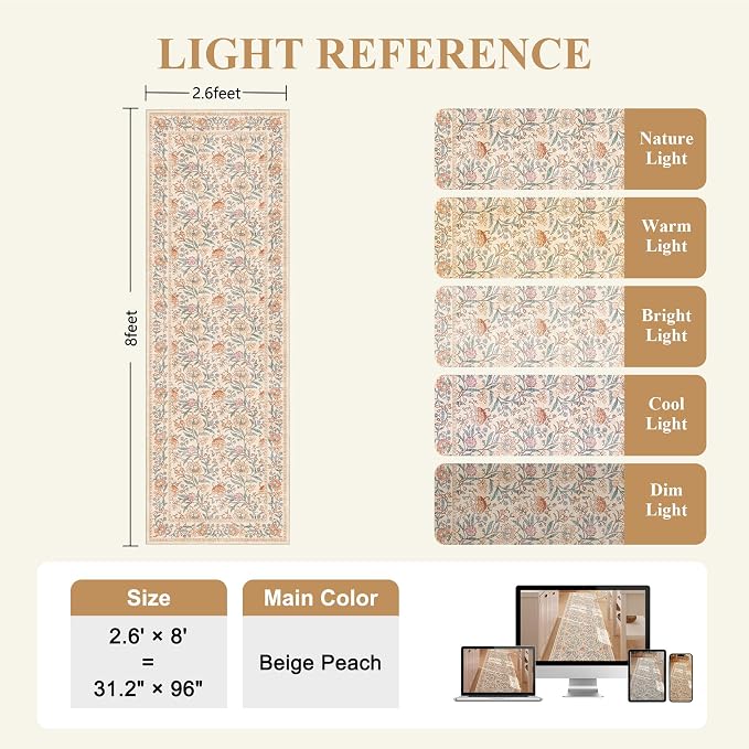DUKINO 2.6x8 Runner Rug, Washable Vintage Floral Kitchen Runners Rug, Beige | Non Slip, Low Pile, Non-Shedding Soft Carpet for Hallway Bathroom Laundry Entryway Bedroom Farmhouse, Kids and Pets Friendly