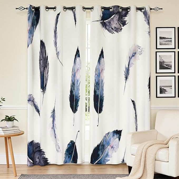 SUBRTEX Boho Leaf Printed Curtains 84 inch Long 2 Panels, Room Darkening Vibrant Floral Drapes, 50% Blackout Light Flitering Semi Sheer Farmhouse Curtains for Living Room, 52Wx84L, Dusty Blue Feather