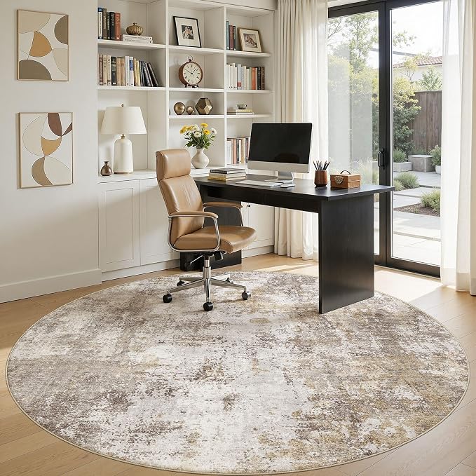 8ft Round Area Rugs for Living Room, 8x8 Washable Non Slip Soft Large Rugs for Bedroom Dining Room, Modern Abstract Low Pile Stain Resistant Carpet for Laundry Office Home Decor - Gold Brown