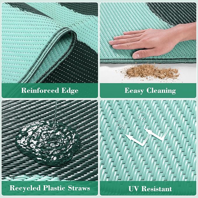Lahome Coastal Coral 9x12 Outdoor Picnic Pool Rug, Plastic Green Outdoor Rug for Beach Camper, Lightweight Portable Waterproof Outside Camping Carpets for Patio, Green 9'x12'